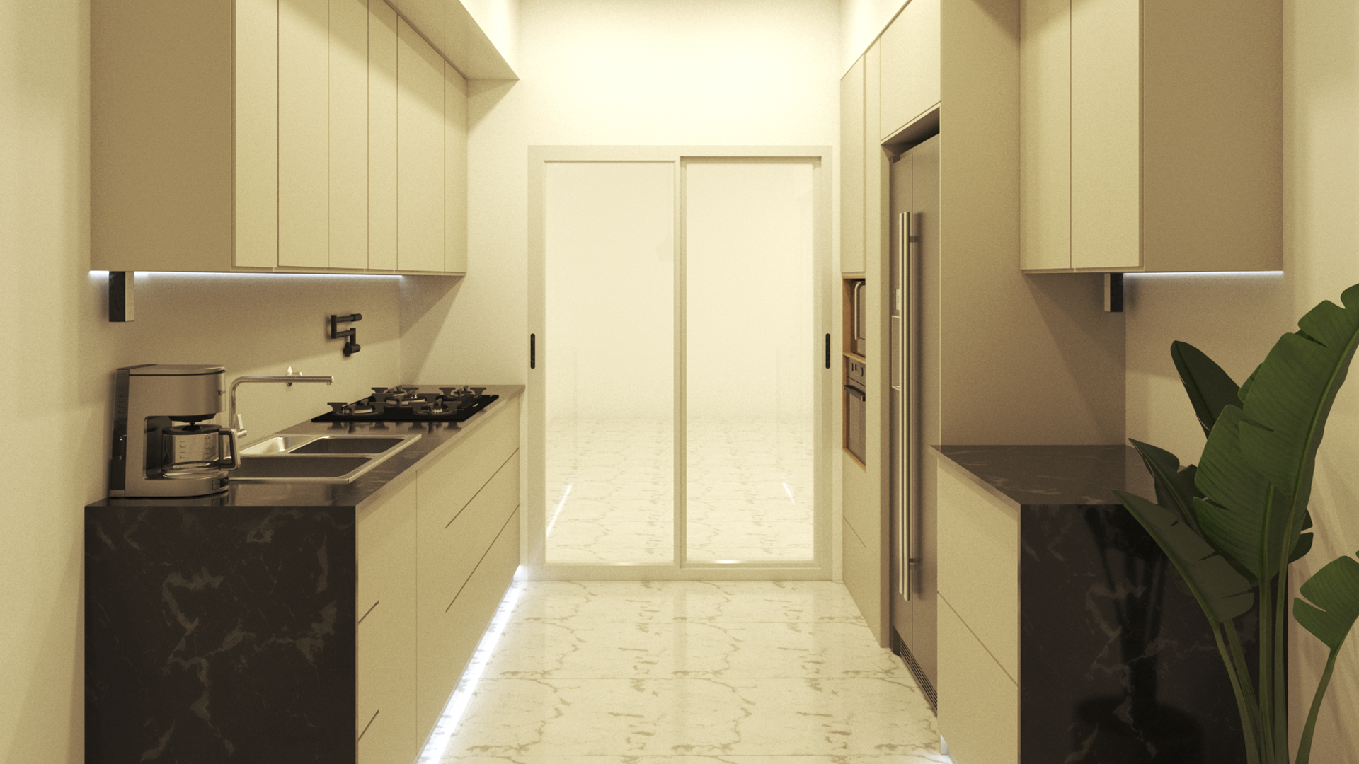 Diseño de cocina moderna con mobiliario gris y barra de porcelanato negro