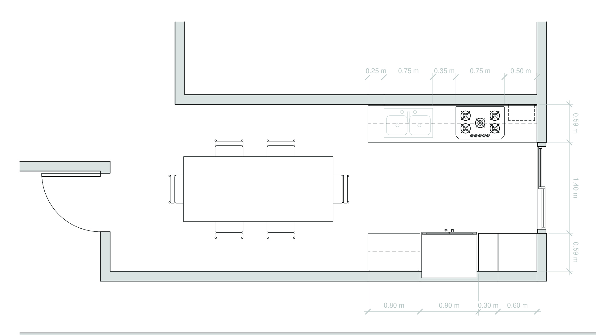 Diseño de cocina moderna con mobiliario gris y barra de porcelanato negro